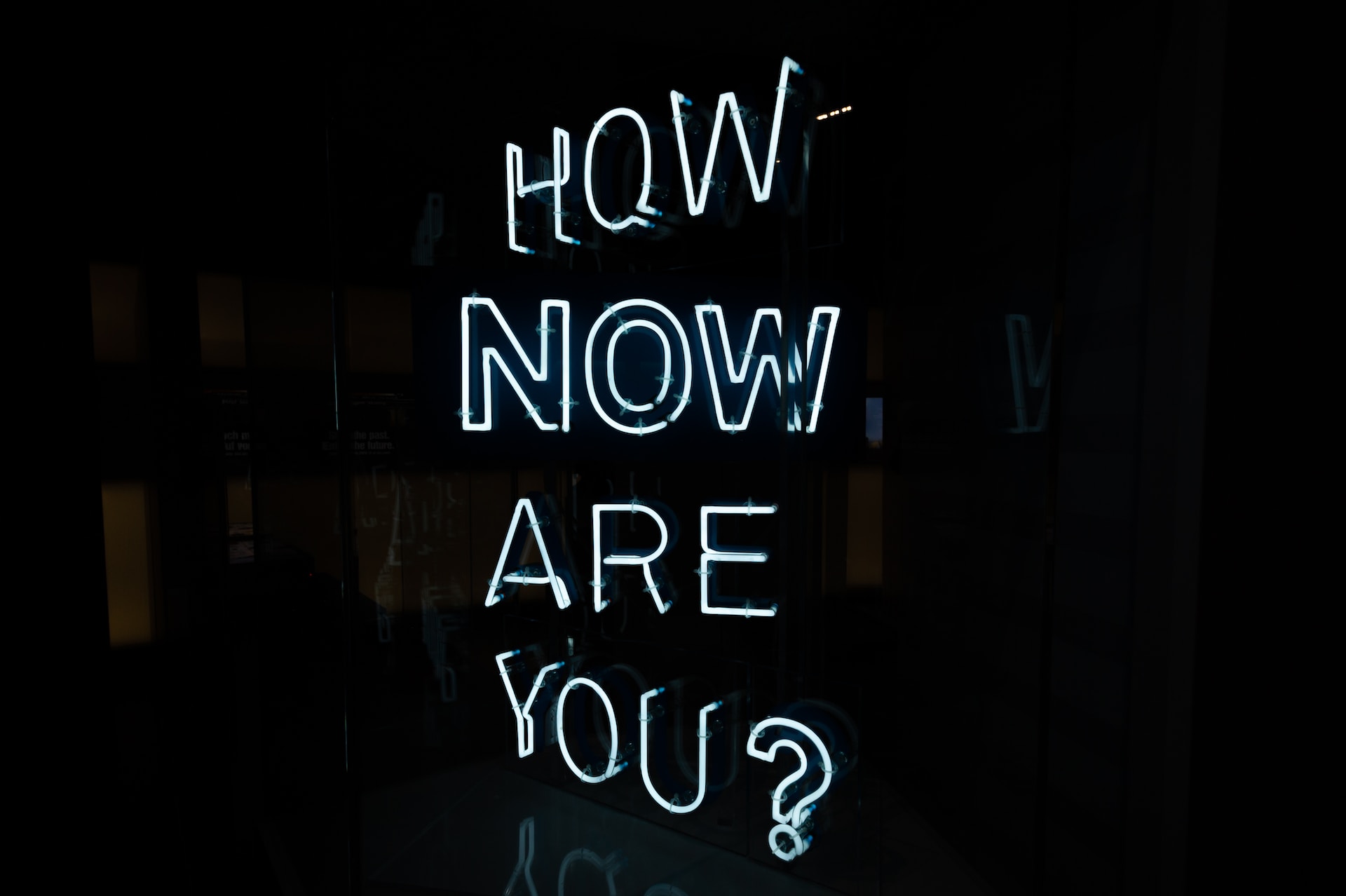 白いネオン。how　now　are　you？と書かれている